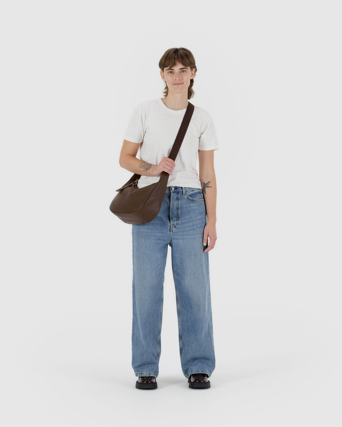 Medium Recycled Leather Crescent Bag Brown