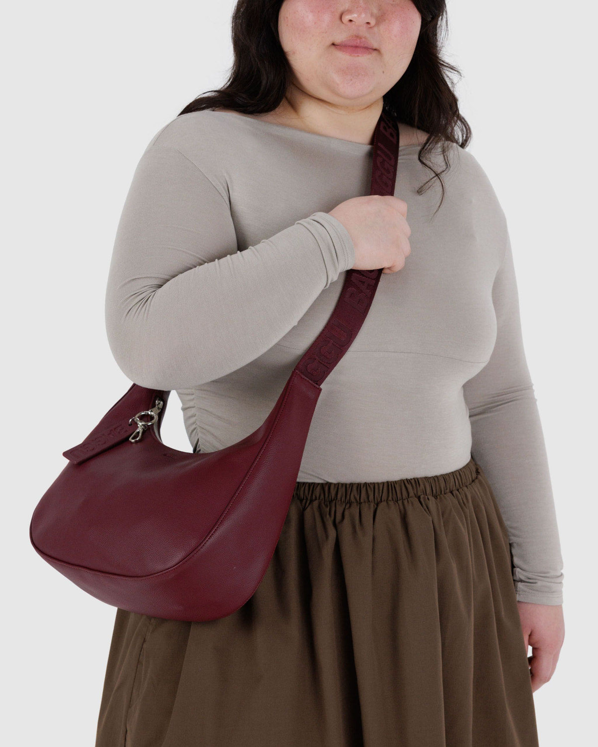 Medium Recycled Leather Crescent Bag Mahogany