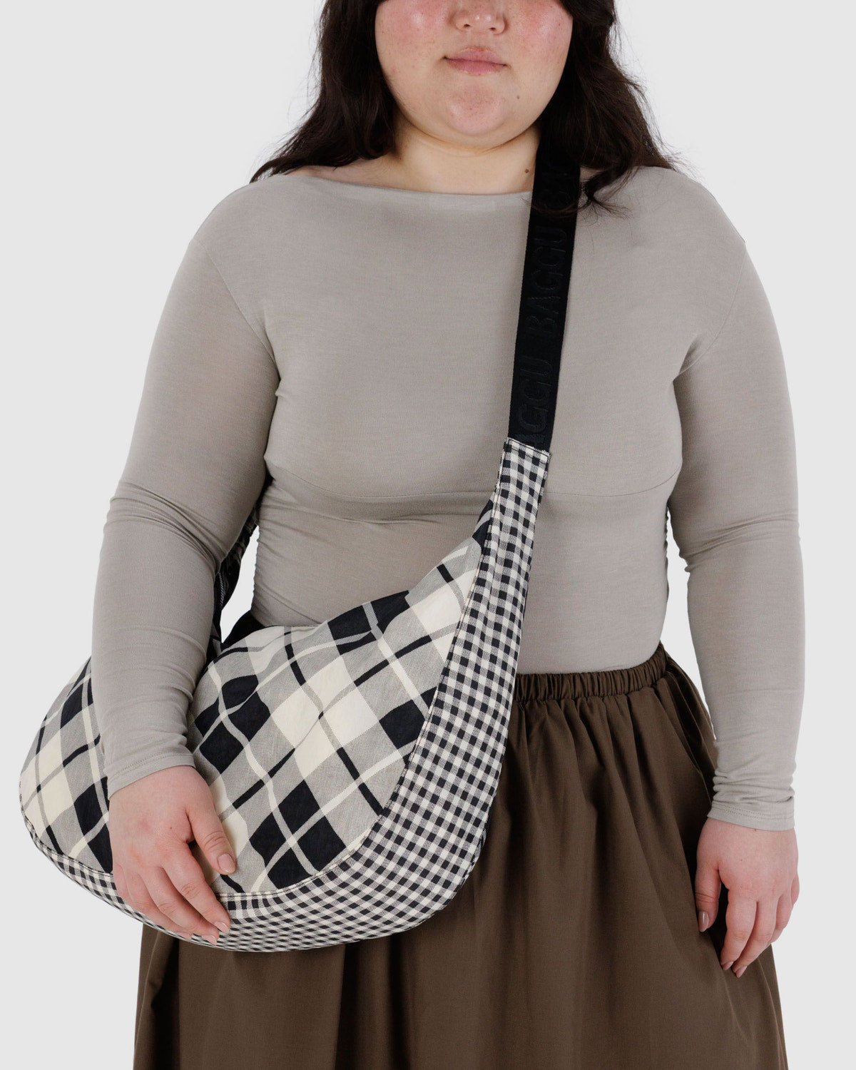 Large Nylon Crescent Bag Mixed Plaid