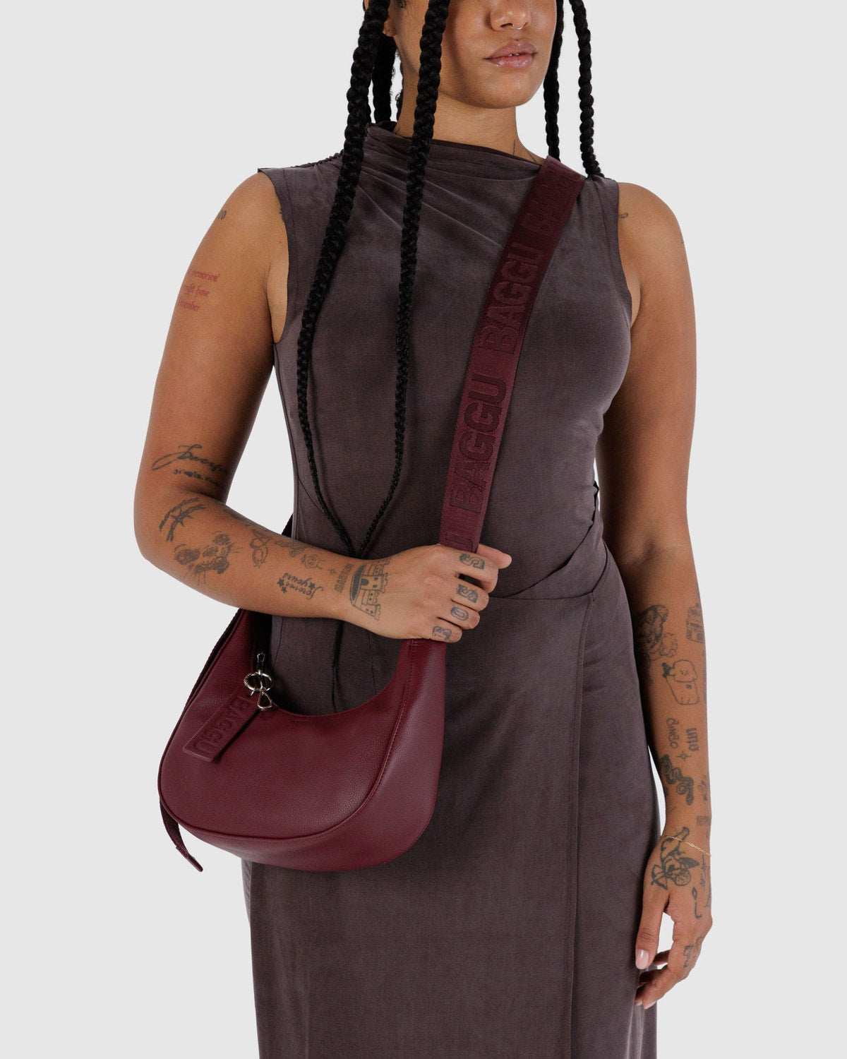 Small Recycled Leather Crescent Bag Mahogany