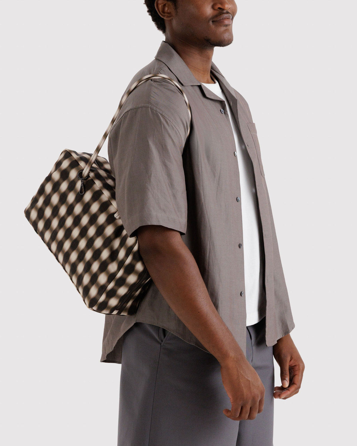 Medium Nylon Bowler Bag Blurred Gingham Brown