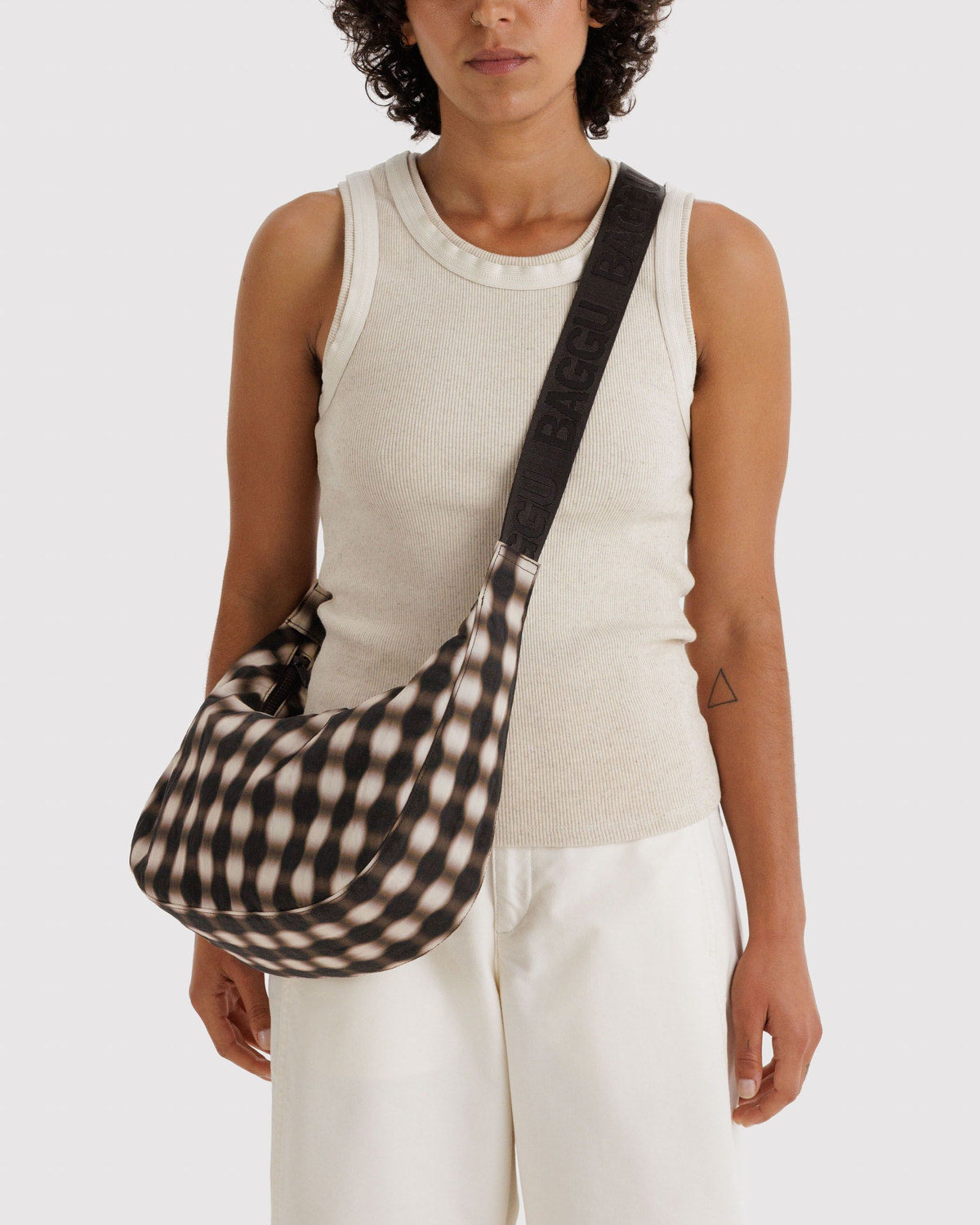 Medium Nylon Crescent Bag Blurred Gingham Brown