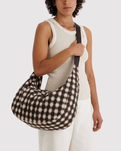 Large Nylon Crescent Bag Blurred Gingham Brown
