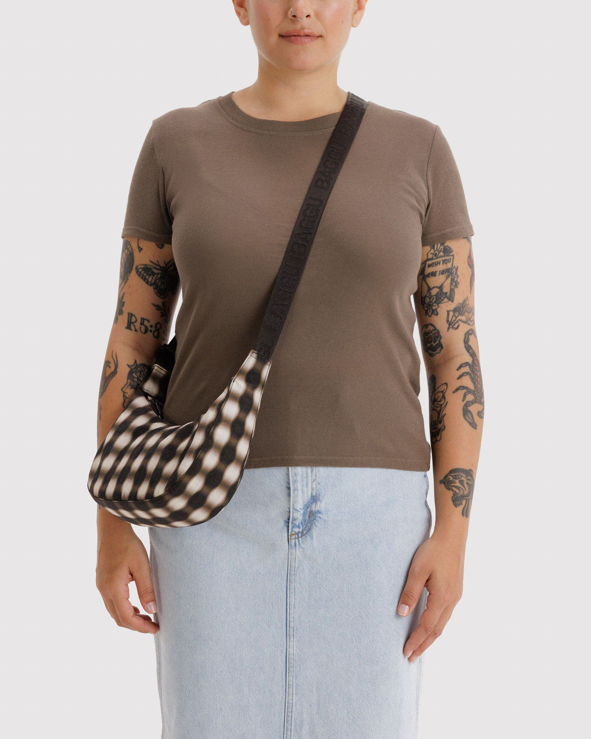 Small Nylon Crescent Bag Blurred Gingham Brown