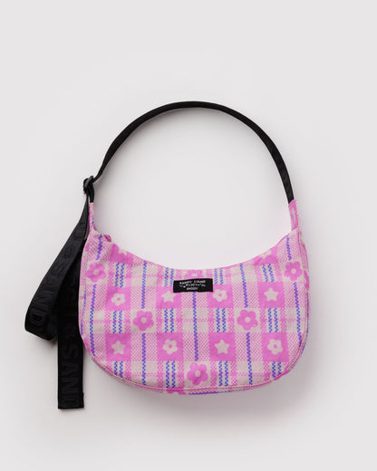 Medium Nylon Crescent Bag Market Plaid Pink